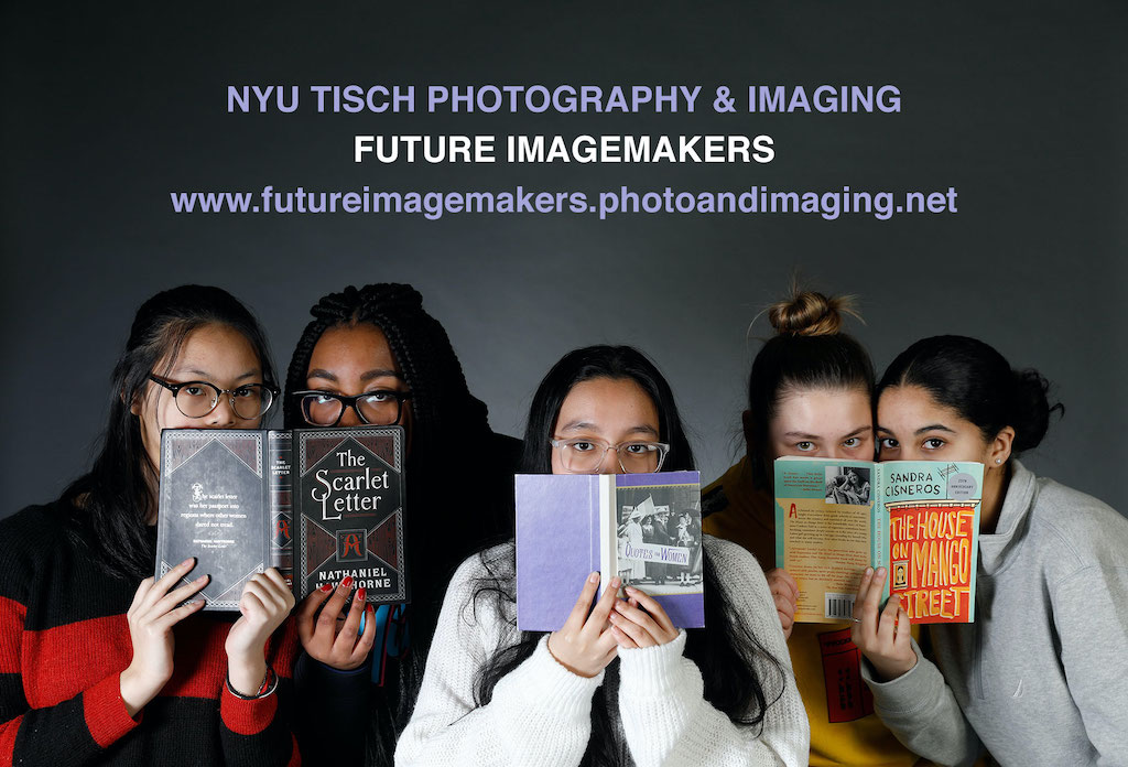 Five Future Imagemakers students holding up books in front of their faces as they look at the camera